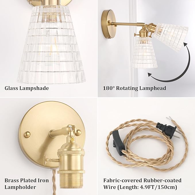 Adjustable Brass Plug-in Wall Sconce savingget